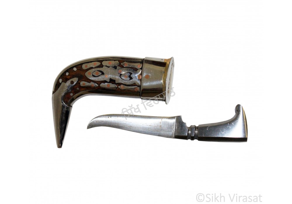 Kirpan Or Kirpaan Iron Taksali Travel Sized Engraved with pattern on a wooden surface - Small Color brown Size 3.5 Inch or 8.89 cm 