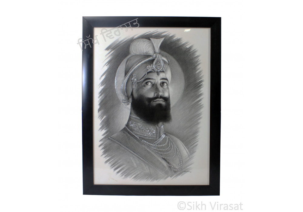 Shri Guru Gobind Singh Ji Pencil Sketch Black Matte Frame with  transparent fiber Size  12x16