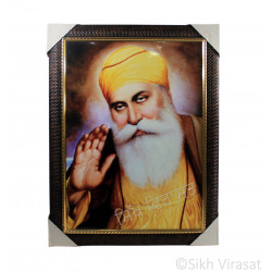 Shri Guru Nanak Dev Ji Colored Photo, Wooden Frame with Pattern & Golden Lining, Size – 17x23