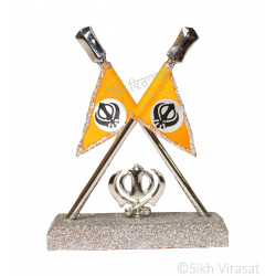 Nishan Sahib - Khanda - Two cross Flag Religious Punjabi: Sparkling Silver Base Handicraft Statue-Home Room Office Car Dashboard Decor Gift Item Dashboard Accessories 4.5 Inch 