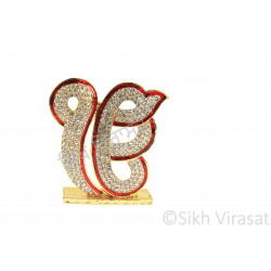 Ek(Ik) Onkar Golden Diamond Designer Model Color Golden & Red Statue-Home Room Office Car Dashboard Decor Gift Item Dashboard Accessories Small Size 2.7 Inches  