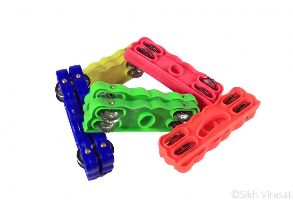 Kartal Khartal Pair Plastic 4 Steel Zingles Percussion Indian Musical Instrumment Plastic Cymbal Jingle Tambourine Music Size Small Color Yellow Orange Green Blue Pink 